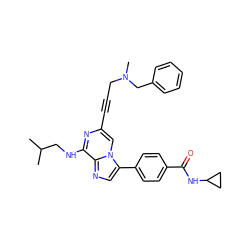 CC(C)CNc1nc(C#CCN(C)Cc2ccccc2)cn2c(-c3ccc(C(=O)NC4CC4)cc3)cnc12 ZINC000199112946