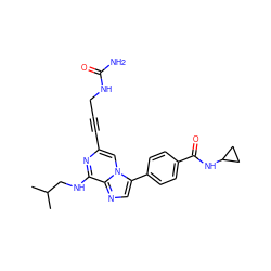 CC(C)CNc1nc(C#CCNC(N)=O)cn2c(-c3ccc(C(=O)NC4CC4)cc3)cnc12 ZINC000199118207