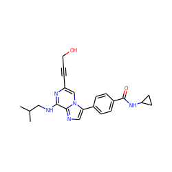CC(C)CNc1nc(C#CCO)cn2c(-c3ccc(C(=O)NC4CC4)cc3)cnc12 ZINC000199106160