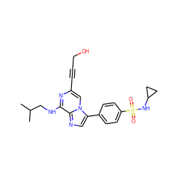 CC(C)CNc1nc(C#CCO)cn2c(-c3ccc(S(=O)(=O)NC4CC4)cc3)cnc12 ZINC000199106143