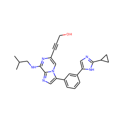 CC(C)CNc1nc(C#CCO)cn2c(-c3cccc(-c4cnc(C5CC5)[nH]4)c3)cnc12 ZINC000199085896