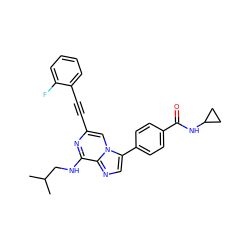 CC(C)CNc1nc(C#Cc2ccccc2F)cn2c(-c3ccc(C(=O)NC4CC4)cc3)cnc12 ZINC000199108234