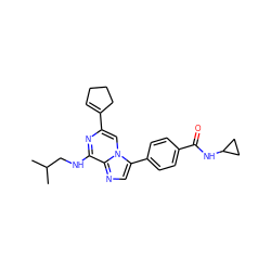 CC(C)CNc1nc(C2=CCCC2)cn2c(-c3ccc(C(=O)NC4CC4)cc3)cnc12 ZINC000169280270