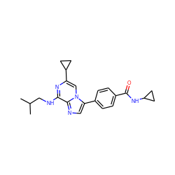 CC(C)CNc1nc(C2CC2)cn2c(-c3ccc(C(=O)NC4CC4)cc3)cnc12 ZINC000169283929