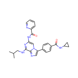 CC(C)CNc1nc(NC(=O)c2ccccn2)cn2c(-c3ccc(C(=O)NC4CC4)cc3)cnc12 ZINC000169163134