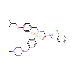 CC(C)COc1ccc(CN(CC(=O)NCc2ccccc2Cl)S(=O)(=O)c2ccc(CN3CCN(C)CC3)cc2)cc1 ZINC000042806560