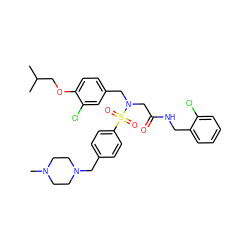 CC(C)COc1ccc(CN(CC(=O)NCc2ccccc2Cl)S(=O)(=O)c2ccc(CN3CCN(C)CC3)cc2)cc1Cl ZINC000049823109