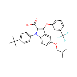 CC(C)COc1ccc2c(c1)c(Oc1cccc(C(F)(F)F)c1)c(C(=O)O)n2-c1ccc(C(C)(C)C)cc1 ZINC000028528910