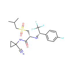 CC(C)CS(=O)(=O)C[C@H](N[C@@H](c1ccc(F)cc1)C(F)(F)F)C(=O)NC1(C#N)CC1 ZINC000014971141