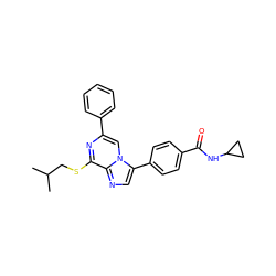 CC(C)CSc1nc(-c2ccccc2)cn2c(-c3ccc(C(=O)NC4CC4)cc3)cnc12 ZINC000118745334