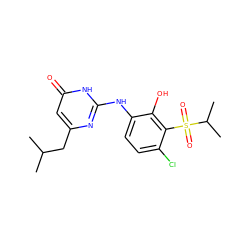 CC(C)Cc1cc(=O)[nH]c(Nc2ccc(Cl)c(S(=O)(=O)C(C)C)c2O)n1 ZINC000299832584