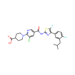 CC(C)Cc1cc(-c2nc(NC(=O)c3cnc(N4CCC(C(=O)O)CC4)c(Cl)c3)sc2F)ccc1F ZINC000053294537