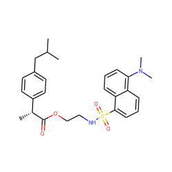 CC(C)Cc1ccc([C@@H](C)C(=O)OCCNS(=O)(=O)c2cccc3c(N(C)C)cccc23)cc1 ZINC000095597970