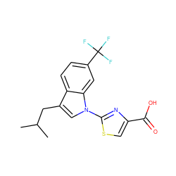 CC(C)Cc1cn(-c2nc(C(=O)O)cs2)c2cc(C(F)(F)F)ccc12 ZINC000029045464