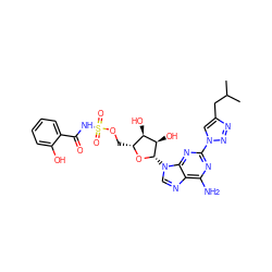 CC(C)Cc1cn(-c2nc(N)c3ncn([C@@H]4O[C@H](COS(=O)(=O)NC(=O)c5ccccc5O)[C@@H](O)[C@H]4O)c3n2)nn1 ZINC000044360370