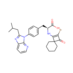 CC(C)Cc1nc2cccnc2n1-c1ccc(C[C@H](NC2=C(Br)C(=O)C23CCCCC3)C(=O)O)cc1 ZINC000100077467