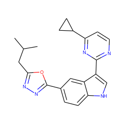 CC(C)Cc1nnc(-c2ccc3[nH]cc(-c4nccc(C5CC5)n4)c3c2)o1 ZINC000204772836