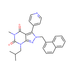 CC(C)Cn1c(=O)n(C)c(=O)c2c(-c3ccncc3)n(Cc3cccc4ccccc34)nc21 ZINC000029045993