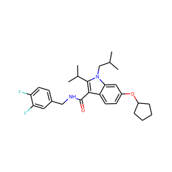 CC(C)Cn1c(C(C)C)c(C(=O)NCc2ccc(F)c(F)c2)c2ccc(OC3CCCC3)cc21 ZINC000096172162