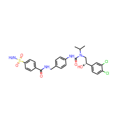 CC(C)N(C[C@@H](O)c1ccc(Cl)c(Cl)c1)C(=O)Nc1ccc(CNC(=O)c2ccc(S(N)(=O)=O)cc2)cc1 ZINC000026578936