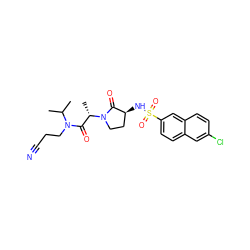 CC(C)N(CCC#N)C(=O)[C@H](C)N1CC[C@H](NS(=O)(=O)c2ccc3cc(Cl)ccc3c2)C1=O ZINC000014949949