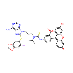 CC(C)N(CCCn1c(Sc2cc3c(cc2I)OCO3)nc2c(N)ncnc21)C(=S)Nc1ccc(-c2c3ccc(=O)cc-3oc3cc(O)ccc23)c(C(=O)O)c1 ZINC000150553686