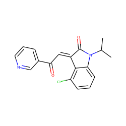 CC(C)N1C(=O)/C(=C/C(=O)c2cccnc2)c2c(Cl)cccc21 ZINC000101412704