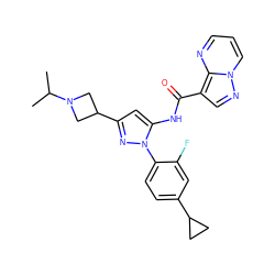 CC(C)N1CC(c2cc(NC(=O)c3cnn4cccnc34)n(-c3ccc(C4CC4)cc3F)n2)C1 ZINC000204756499