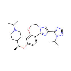 CC(C)N1CCC([C@H](C)Oc2ccc3c(c2)OCCn2cc(-c4ncnn4C(C)C)nc2-3)CC1 ZINC000203787398