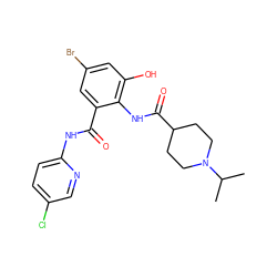 CC(C)N1CCC(C(=O)Nc2c(O)cc(Br)cc2C(=O)Nc2ccc(Cl)cn2)CC1 ZINC000034250665