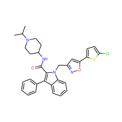 CC(C)N1CCC(NC(=O)c2c(-c3ccccc3)c3ccccc3n2Cc2cc(-c3ccc(Cl)s3)on2)CC1 ZINC000014949887