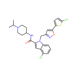 CC(C)N1CCC(NC(=O)c2cc3c(Cl)cccc3n2Cc2cc(-c3ccc(Cl)s3)on2)CC1 ZINC000013646523