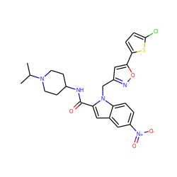 CC(C)N1CCC(NC(=O)c2cc3cc([N+](=O)[O-])ccc3n2Cc2cc(-c3ccc(Cl)s3)on2)CC1 ZINC000014949881