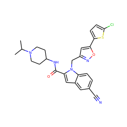 CC(C)N1CCC(NC(=O)c2cc3cc(C#N)ccc3n2Cc2cc(-c3ccc(Cl)s3)on2)CC1 ZINC000013646521