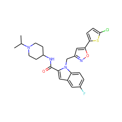 CC(C)N1CCC(NC(=O)c2cc3cc(F)ccc3n2Cc2cc(-c3ccc(Cl)s3)on2)CC1 ZINC000013646515