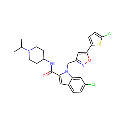 CC(C)N1CCC(NC(=O)c2cc3ccc(Cl)cc3n2Cc2cc(-c3ccc(Cl)s3)on2)CC1 ZINC000013646525