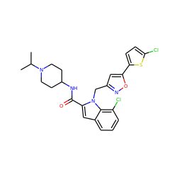 CC(C)N1CCC(NC(=O)c2cc3cccc(Cl)c3n2Cc2cc(-c3ccc(Cl)s3)on2)CC1 ZINC000013646527