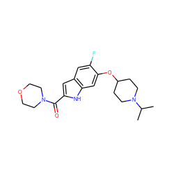 CC(C)N1CCC(Oc2cc3[nH]c(C(=O)N4CCOCC4)cc3cc2F)CC1 ZINC000040424518