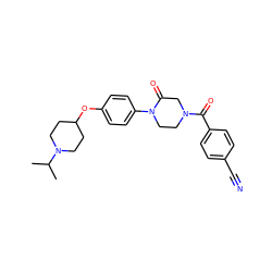 CC(C)N1CCC(Oc2ccc(N3CCN(C(=O)c4ccc(C#N)cc4)CC3=O)cc2)CC1 ZINC000028870342