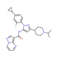 CC(C)N1CCC(c2cc(NC(=O)c3cnn4cccnc34)n(-c3ccc(C4CC4)cc3F)n2)CC1 ZINC000145866347