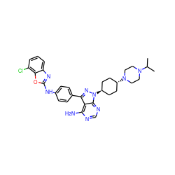 CC(C)N1CCN([C@H]2CC[C@H](n3nc(-c4ccc(Nc5nc6cccc(Cl)c6o5)cc4)c4c(N)ncnc43)CC2)CC1 ZINC000101367543