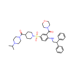 CC(C)N1CCN(C(=O)C2CCN(S(=O)(=O)c3ccc(NCC(c4ccccc4)c4ccccc4)c(C(=O)N4CCOCC4)c3)CC2)CC1 ZINC000028362389