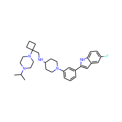 CC(C)N1CCN(C2(CNC3CCN(c4cccc(-c5cc6cc(F)ccc6[nH]5)c4)CC3)CCC2)CC1 ZINC000618011821