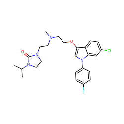 CC(C)N1CCN(CCN(C)CCOc2cn(-c3ccc(F)cc3)c3cc(Cl)ccc23)C1=O ZINC000013758618