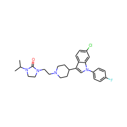 CC(C)N1CCN(CCN2CCC(c3cn(-c4ccc(F)cc4)c4cc(Cl)ccc34)CC2)C1=O ZINC000000598062