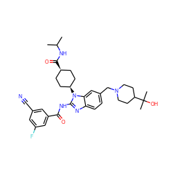 CC(C)NC(=O)[C@H]1CC[C@@H](n2c(NC(=O)c3cc(F)cc(C#N)c3)nc3ccc(CN4CCC(C(C)(C)O)CC4)cc32)CC1 ZINC001772578653