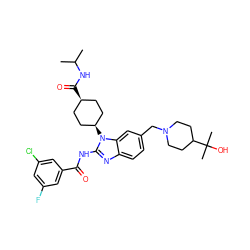 CC(C)NC(=O)[C@H]1CC[C@@H](n2c(NC(=O)c3cc(F)cc(Cl)c3)nc3ccc(CN4CCC(C(C)(C)O)CC4)cc32)CC1 ZINC001772636212