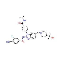 CC(C)NC(=O)[C@H]1CC[C@@H](n2c(NC(=O)c3ccc(C#N)c(F)c3)nc3ccc(CN4CCC(C(C)(C)O)CC4)cc32)CC1 ZINC001772574312