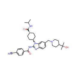 CC(C)NC(=O)[C@H]1CC[C@@H](n2c(NC(=O)c3ccc(C#N)cc3)nc3ccc(CN4CCC(C(C)(C)O)CC4)cc32)CC1 ZINC001772632291