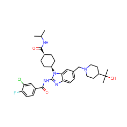 CC(C)NC(=O)[C@H]1CC[C@@H](n2c(NC(=O)c3ccc(F)c(Cl)c3)nc3ccc(CN4CCC(C(C)(C)O)CC4)cc32)CC1 ZINC001772633564